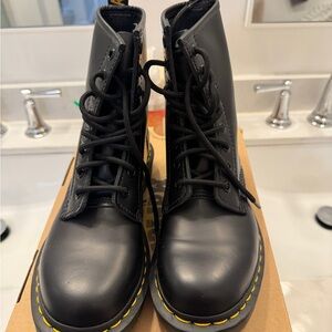 Dr. Martens Black Leather Ankle Boots with Yellow Stitching